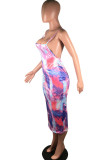 Light Purple Milk. Fashion Street Light Blue Light Purple Off The Shoulder Sleeveless Halter Neck Step Skirt Mid-Calf Print backless Tie and dye Dresses