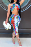 Red Sexy Print Patchwork Halter Sleeveless Two Pieces