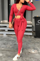 Red Casual Knitting Patchwork Solid Patchwork Pullovers Pants Knotted V Neck Long Sleeve Regular Sleeve Short Two Pieces
