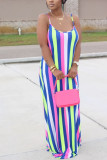 Blue Fashion Street White Blue Orange Yellow Light Blue Dark Blue Spaghetti Strap Sleeveless Slip Swagger Floor-Length Striped Print Dresses
