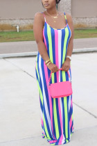 Light Blue Fashion Street White Blue Orange Yellow Light Blue Dark Blue Spaghetti Strap Sleeveless Slip Swagger Floor-Length Striped Print Dresses