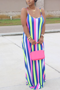 Light Blue Fashion Street White Blue Orange Yellow Light Blue Dark Blue Spaghetti Strap Sleeveless Slip Swagger Floor-Length Striped Print Dresses