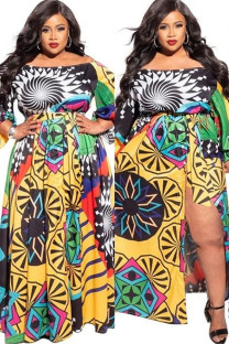 multicolor Street One word collar Print Split Pattern Plus Size