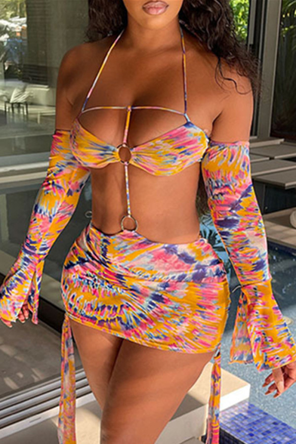 Orange Sexy Fashion Hollow Open Backless Long Sleeve Dress