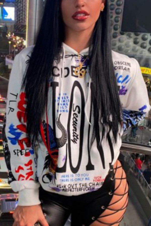 White Fashion Casual Print Basic Hooded Collar Tops