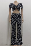 Rose Red Sexy Print Patchwork V Neck Short Sleeve Two Pieces