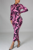 Red Fashion Casual Print Basic Half A Turtleneck Pencil Dresses