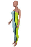 Light Blue Fashion Sexy Patchwork Backless Strapless Skinny Jumpsuits