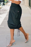 Black Casual Solid Draw String Fold Bottoms