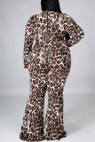 Brown Fashion Casual Leopard Basic Half A Turtleneck Plus Size Jumpsuit