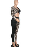 Blue Sexy Patchwork Two Piece Suits Leopard Straight Long Sleeve