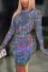 Multicolor Street Print O Neck Wrapped Skirt Dresses