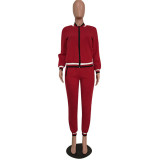 Red Elastic Fly Mid Patchwork pencil Pants Two-piece suit