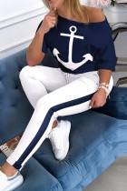 Blue adult Fashion Casual contrast color Print Two Piece Suits Patchwork pencil Short Sleeve T