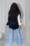 Dark Blue Turndown Collar Long Sleeve Patchwork Button Solid