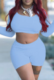 Light Blue Fashion Casual Basic O Neck Long Sleeve Two Pieces