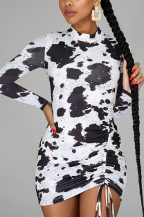 White Sexy Print O Neck Long Sleeve Mini Pencil Skirt Dresses