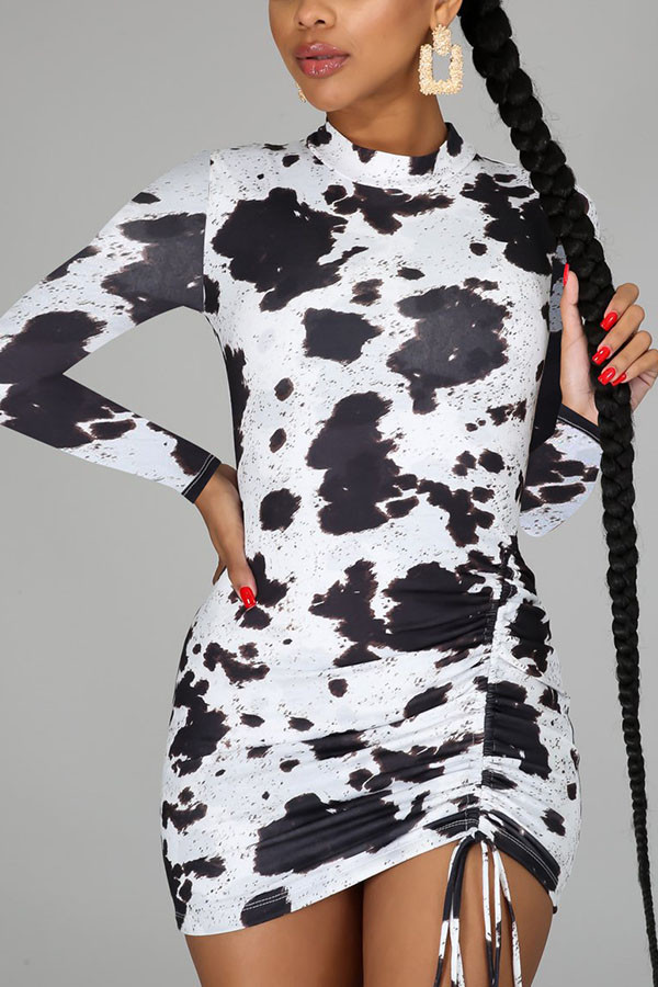 White Sexy Print O Neck Long Sleeve Mini Pencil Skirt Dresses