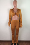 Yellow OL Solid Draped crop top Boot Cut Long Sleeve Two Pieces