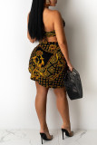 Black Gold Fashion Sexy Print Hollowed Out Backless Swimwears Three-piece Set