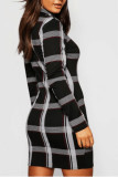 Black England Long Sleeves O neck Step Skirt Mini Print Plaid Dresses