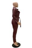 Wine Red Fashion Sexy bandage Solid PU Long Sleeve Turndown Collar Jumpsuits