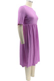 Blue Fashion Casual Plus Size Solid Basic O Neck Short Sleeve Dress (No Pocket)