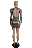 Silver Sexy Geometric O Neck Pencil Skirt Dresses