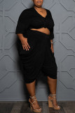 Black Fashion Casual Solid Basic O Neck Plus Size Two Pieces