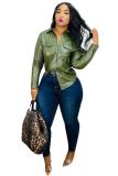 Black PU Notched Long Sleeve Patchwork Slim fit Solid Button Long Sleeve Tops