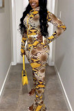 Yellow Fashion Casual Print Basic Turtleneck Long Sleeve Two Pieces