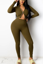 Army Green Casual Solid O Neck Long Sleeve Two Pieces