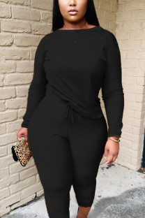 Black Twilled Satin Solid O Neck Long Sleeve Regular Sleeve Regular Two Pieces