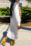 White Fashion Casual Print Asymmetrical Long Sleeve Shirt Dress