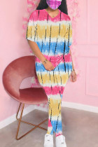Yellow and blue Fashion Casual adult Patchwork Print Tie Dye Two Piece Suits pencil Short Sleeve Two Pieces