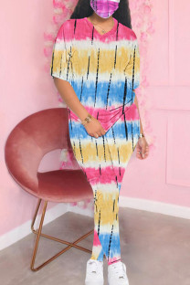 Yellow and blue Fashion Casual adult Patchwork Print Tie Dye Two Piece Suits pencil Short Sleeve Two Pieces