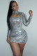 Silver Sexy Fashion Cap Sleeve Long Sleeves O neck Step Skirt Mini Sequin Patchwork hollow out 
