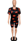 Black Fashion Casual adult Patchwork Print Two Piece Suits Lips Print Straight Short Sleeve Two Pieces