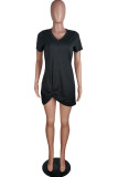Grey Fashion adult Ma'am Street Red Black Grey Pink Turquoise Yellow Cap Sleeve Short Sleeves V Neck Asymmetrical skirt Solid Draped asymmetrical Dresses