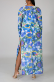 Blue Sexy Print Patchwork Swimwears Three Pieces