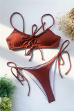 Deep Coffee Fashion Sexy Solid Bandage Backless Swimwears