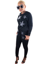Black Elastic Fly Mid Patchwork Print pencil Pants Two-piece suit
