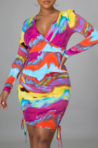 Colour Sexy Print Patchwork V Neck Pencil Skirt Dresses