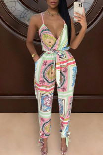 Pink Street Print Bandage Patchwork V Neck Straight Jumpsuits