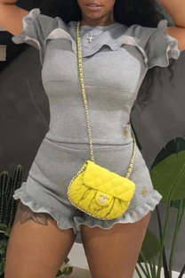 Grey Casual Solid Flounce O Neck Short Sleeve Two Pieces