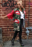 Green Turndown Collar Patchwork Sequin Lips Print The cowboy Patchwork Long Sleeve Denim jacket