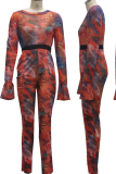 Blue Sexy Print Mesh Half A Turtleneck Long Sleeve Two Pieces