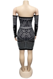 Black Sexy Hot Drilling Patchwork Bateau Neck Pencil Skirt Dresses