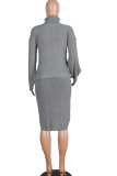 Grey Sexy Solid Two Piece Suits pencil Long Sleeve