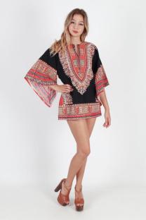 Black Fashion adult Sexy Bat sleeve Half Sleeves O neck Swagger Mini Patchwork Print